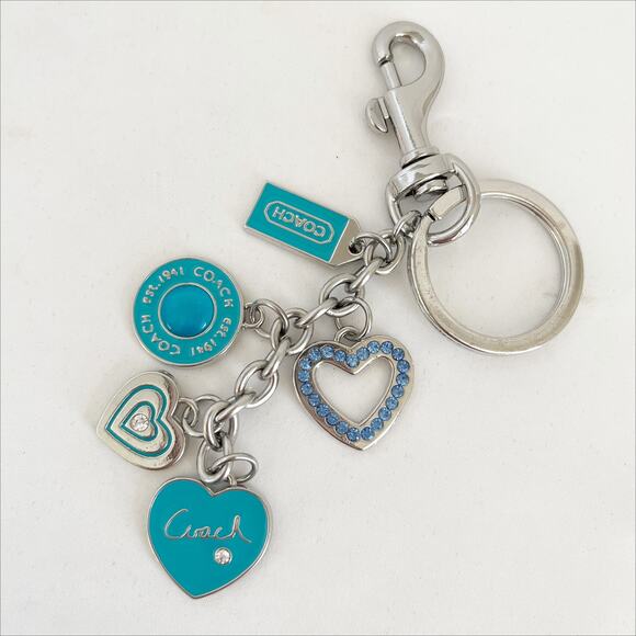 COACH Turquoise Silver Heart Bag Charm Keychain Nwot - Picture 1 of 7